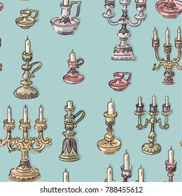 Seamless pattern with vintage antique candle holders