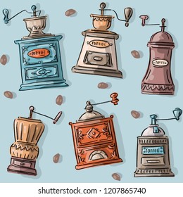 Seamless pattern with vintage antique coffee grinder