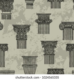 Seamless pattern with vintage architectural details design elements. Antique baroque classic style column. Vector illustration