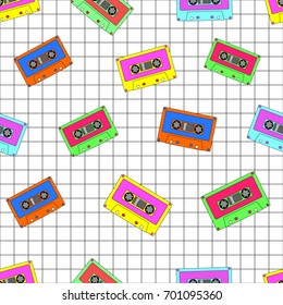 Seamless pattern of vintage audio cassettes. Cute doodle cartoon hand drawn seamless background. 90's style.