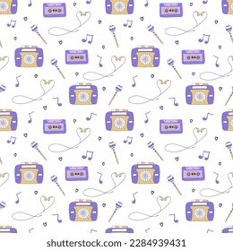Seamless pattern with vintage audio player, headphones and cassette, lollipop on stick and musical notes. Colorful vector illustration hand drawn doodle. Packaging or fabric print, 90s nostalgia