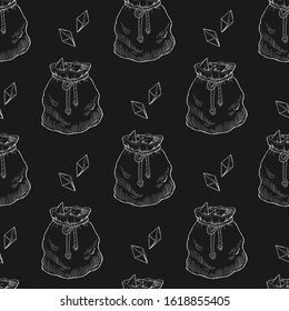 Seamless pattern of vintage bag fool of crystals vector illustration. Monochrome stock texture. Doodle bag and gem isolated on black background