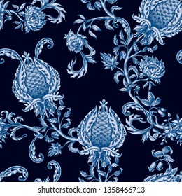 Seamless pattern with vintage baroque flowers. 