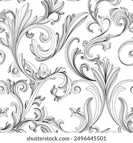 Seamless pattern with vintage baroque ornament hand drawn. Isolate on white illustration.