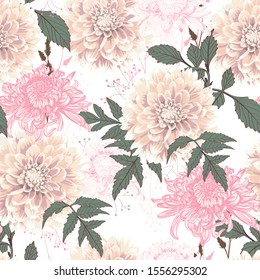 Seamless pattern of vintage beige Dahlia and pink chrysanthemums flowers. Floral white background.