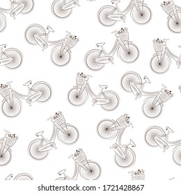 Seamless pattern of vintage bicycle in the white backdrop