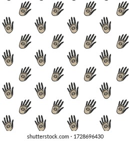 Seamless pattern of vintage black and gold stylized hands with all-seeing eyes in the centers of the palms on a white background. Endless amulet and mascot texture. Vector.