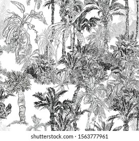 Seamless Pattern Vintage Black and White  Lithography, Outline Etching Graphics of Jungle Tropical Palms Rainforest Exotic Plants British Fabric Design on White Background, Wallpaper