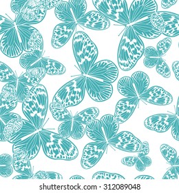 Seamless pattern with vintage blue butterfly on the white background. Vintage vector illustration