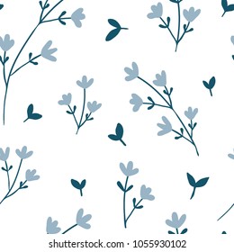 Seamless pattern with vintage blue hand drawn flowers. Modern and original textile, wrapping paper, wall art design. Vector illustration. Floral simple minimalistic graphic design