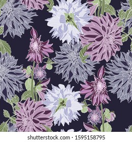 Seamless pattern of vintage blue violet Dahlia flowers. Floral background.