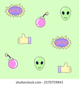 Seamless pattern with vintage bomb and alien in style of 90s. Multicolored elements on green background. Retro illustration with outline in 90s style. Vector illustration.