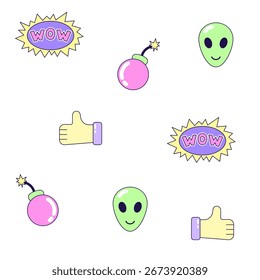 Patrón sin fisuras con bomba vintage y alienígena en estilo de los años 90. Elementos multicolores sobre fondo blanco. Ilustración retro con contorno en estilo de los años 90. Ilustración vectorial.