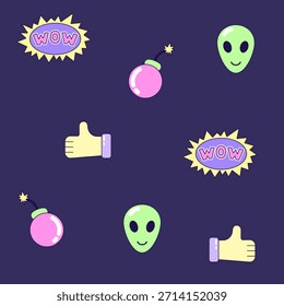 Patrón sin fisuras con bomba vintage y alienígena en estilo de los años 90. Elementos multicolores sobre fondo oscuro. Ilustración retro con contorno en estilo de los años 90. Ilustración vectorial.