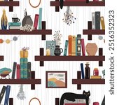 Seamless pattern with vintage books, cat, hot drink mug, and different retro things. Old and mysterious interior. Standing books wall background. Home library