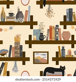 Patrón sin fisuras con libros vintage, gato, taza de bebida caliente, y diferentes cosas retro. Interior antiguo y misterioso. Fondo de pared de libros de pie. Biblioteca del hogar. Ilustración vectorial