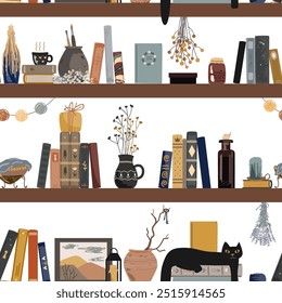 Patrón sin fisuras con libros vintage, gato, taza de bebida caliente, y diferentes cosas retro. Interior antiguo y misterioso. Fondo de pared de libros de pie. Biblioteca del hogar. Ilustración vectorial.