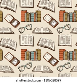 Seamless pattern with vintage books, clock, glasses, vector sketch background