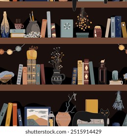 Patrón sin fisuras con libros vintage, y diferentes cosas retro sobre fondo de sombra oscura. Interior antiguo y misterioso. Fondo de pared de libros de pie. Biblioteca del hogar. Ilustración vectorial