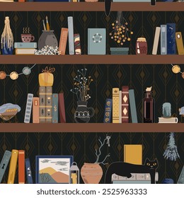 Seamless pattern with vintage books, and different retro things on dark shadow background. Old and mysterious interior. Standing books wall background. Home library. Vector illustration