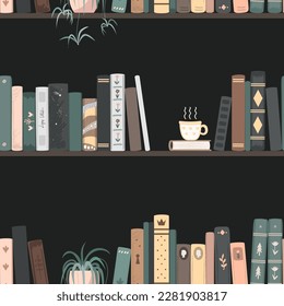 Seamless pattern of vintage books, hot drink mug, and spider plant on dark background. Standing books wall background. Home library vector.