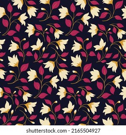 Seamless pattern with vintage botanical composition, ornamental plants in purple. Elegant floral print, beautiful botanical background with small flowers, leaves on branches. Vector.