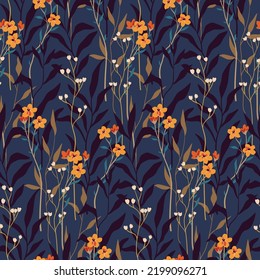 Seamless pattern with vintage botanical composition on a blue background. Elegant floral print with drawing wild flowers on thin branches, herbs, leaves. Surface design with autumn motifs. Vector.