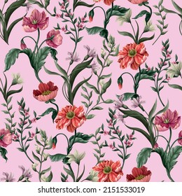Seamless pattern with vintage botanical flowers and leaves. Trendy vector print