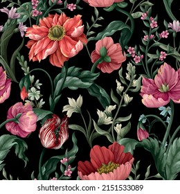 Seamless pattern with vintage botanical flowers and leaves. Trendy vector print