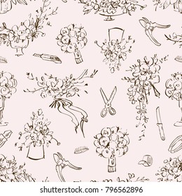 Seamless pattern. Vintage botanical illustration flowers bouquet and floristic tools set. Wedding concept. Flower concept. Vector design