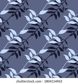 Nahtloses Muster mit Vintage-Zweigen Silhouetten. Blattverzierung und Hintergrund in marinen und blauen Farben. Gut geeignet für Tapeten, Textilien, Wickelpapier, Stoffdruck. Vektorgrafik.