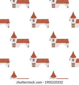 Seamless pattern with vintage building. Endless background. Suitable for wrapping paper, cards and books. Cartoon style. Vector 