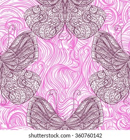 Seamless pattern with vintage butterfly with floral abstract ornament and wavy hair. Black and white vector hand drawn illustration