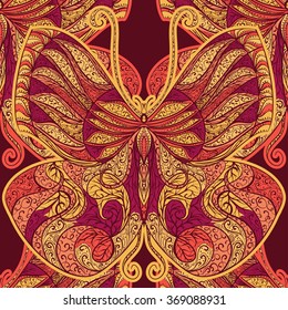 Seamless pattern with vintage butterfly with floral abstract ornament. Colorful vector hand drawn illustration