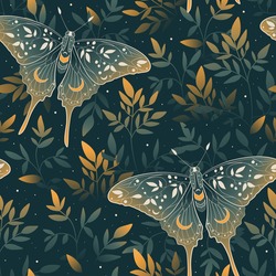 Seamless Pattern With Vintage Butterfly And Leaves On Green Background. Trendy Animal Motif Wallpaper. Fashionable Background For Fabric, Textile, Design, Banner, Cover, Web Etc.