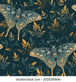 Patrón sin foco con mariposa vintage y hojas sobre fondo verde. Papel de fondo de estilo animal. Fondo de moda para tela, textil, diseño, banner, cubierta, web, etc.