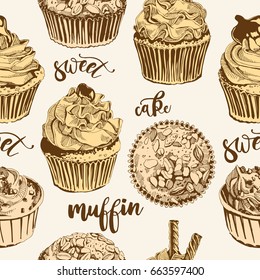 Seamless pattern with vintage cakes and sweets icons. Hand drawn retro illustration with Cakes and cupcakes. Teatime set.