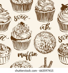 Seamless pattern with vintage cakes and sweets icons. Hand drawn retro illustration with Cakes and cupcakes. Teatime set.
