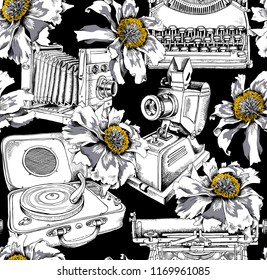 Seamless pattern with a Vintage Camera, Typewriter, Gramophone, Slide projector and peony flowers with yellow stamens. Wallpaper, Textil, hand drawn style print. Vector illustration.