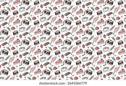 Seamless pattern with vintage cameras, cake slices, coffee cups, ink feathers, and strawberries in nostalgic pastel style. Vector illustration.