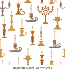 Seamless pattern with vintage candlesticks with lit candles in different designs. Flat vector illustration isolated on a white background. Antique decor and lighting concept