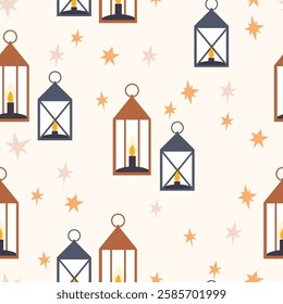  Seamless pattern with vintage candlesticks with lit candles of various designs. Flat vector illustration isolated on background. Antique decor and lighting concept