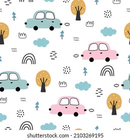 Seamless pattern Vintage car background with trees and grasses used for publication, wallpaper, textiles Vector illustration