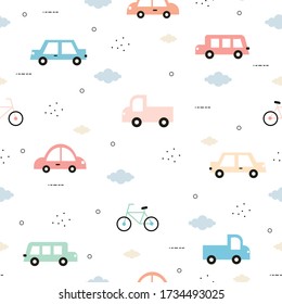 Seamless pattern Vintage car and bicycle and with cloud on a white background Cute design in cartoon style Used for fabric, textile, fashion, gift wrap, vector illustration