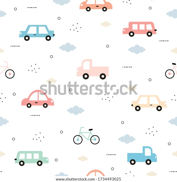 Seamless pattern\
Vintage car and bicycle and with cloud on a white background Cute\
design in cartoon style Used for fabric, textile, fashion, gift\
wrap, vector\
illustration