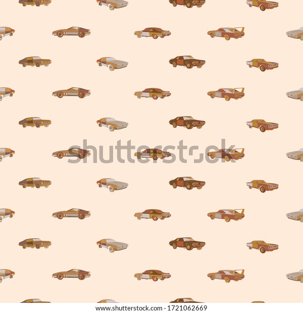 Seamless pattern. Vintage car\
in different type in brown tone color.Illustration of a vintage in\
a cartoon style for Wallpaper, fabric, and textile\
design.