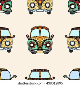 Seamless Pattern of Vintage car. Hand drawn image. The popular bus model in the environment of the followers of the hippie movement. Vector illustration.
