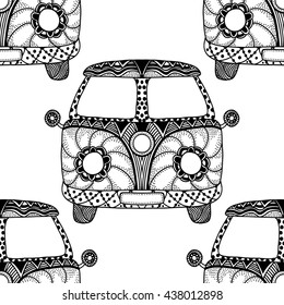 Seamless Pattern of Vintage car. Hand drawn image. The popular bus model of the hippie movement. Vector illustration.