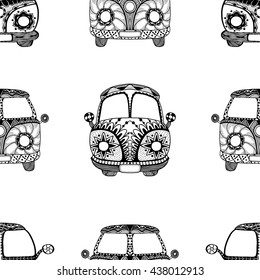 Seamless Pattern of Vintage car. Hand drawn image. The popular bus model of the hippie movement. Vector illustration.