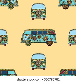Seamless Pattern of Vintage car a mini van in zentangle style. Hand drawn image. The popular bus model in the environment of the followers of the hippie movement. Vector illustration. 